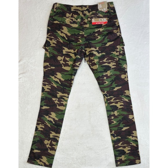 CKOL Mens Skinny Cargo Pants 30x32 Camouflage Stretch Woodland Green Brown NEW - Picture 5 of 8